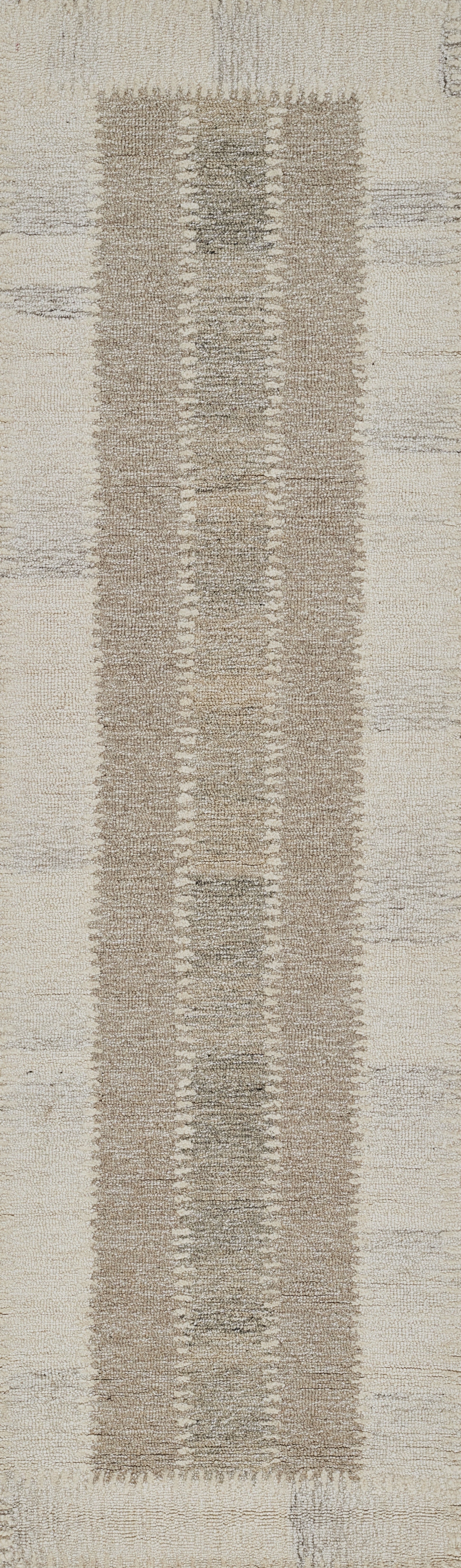 Neutral beige and gray area rug with a centered vertical stripe pattern; modern, textured, versatile home decor.