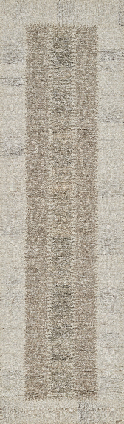 Neutral beige and gray area rug with a centered vertical stripe pattern; modern, textured, versatile home decor.
