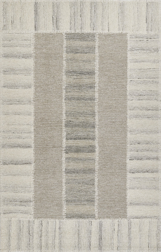 Neutral gray and beige area rug with a central vertical stripe and rectangular panels; modern, machine-woven texture.