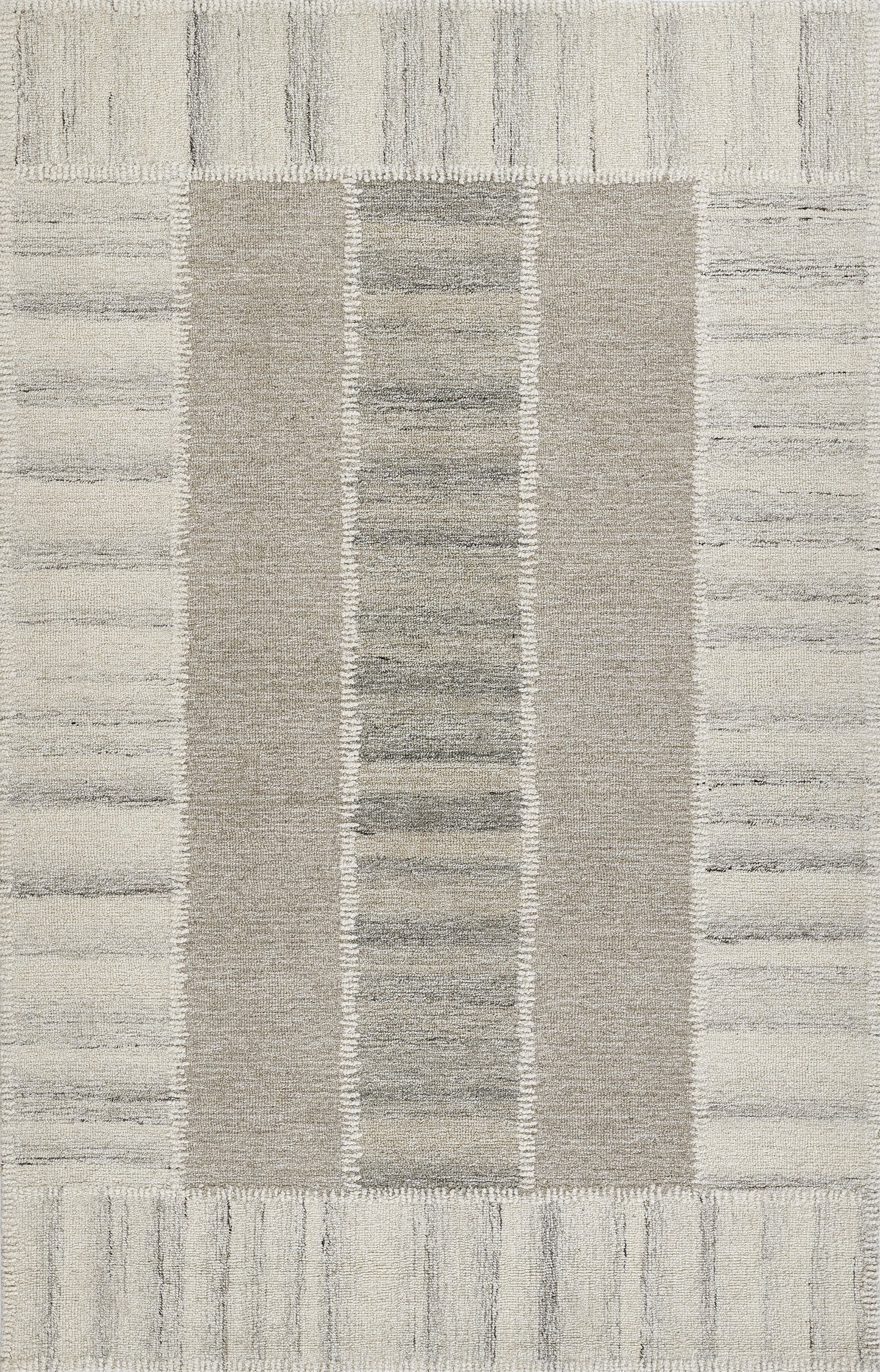 Neutral gray-taupe rectangular rug with central textured panel and striped border