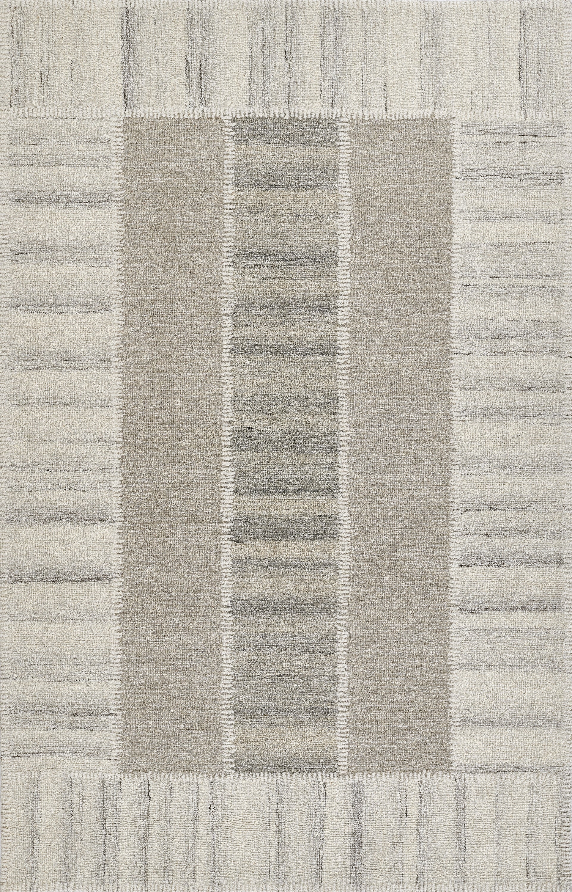 Neutral gray-taupe rectangular rug with central textured panel and striped border