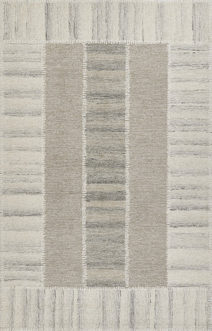 Neutral gray-taupe rectangular rug with central textured panel and striped border