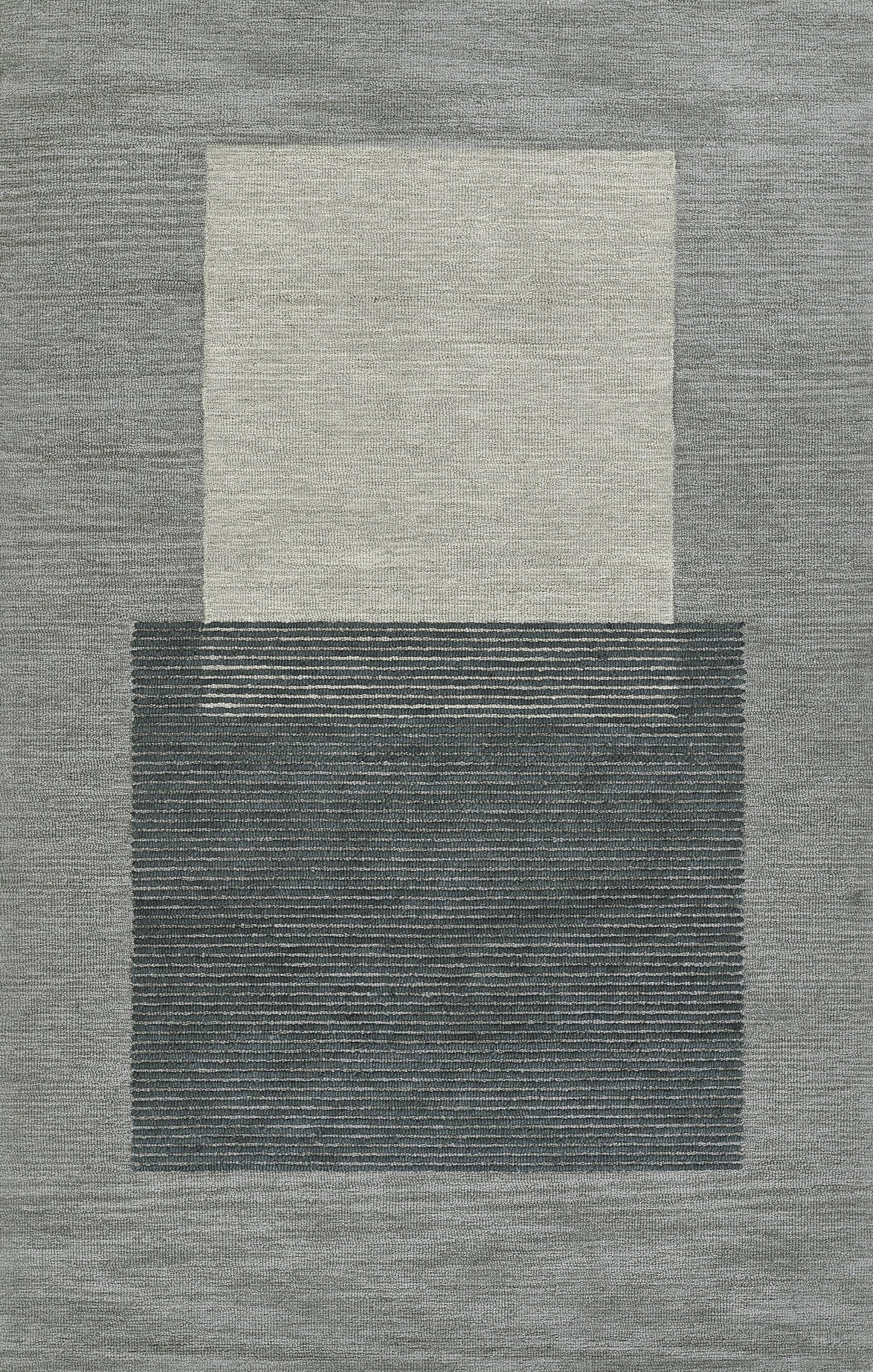 Contemporary abstract area rug with stacked blocks: light beige upper panel over a textured dark charcoal panel with thin white stripes.