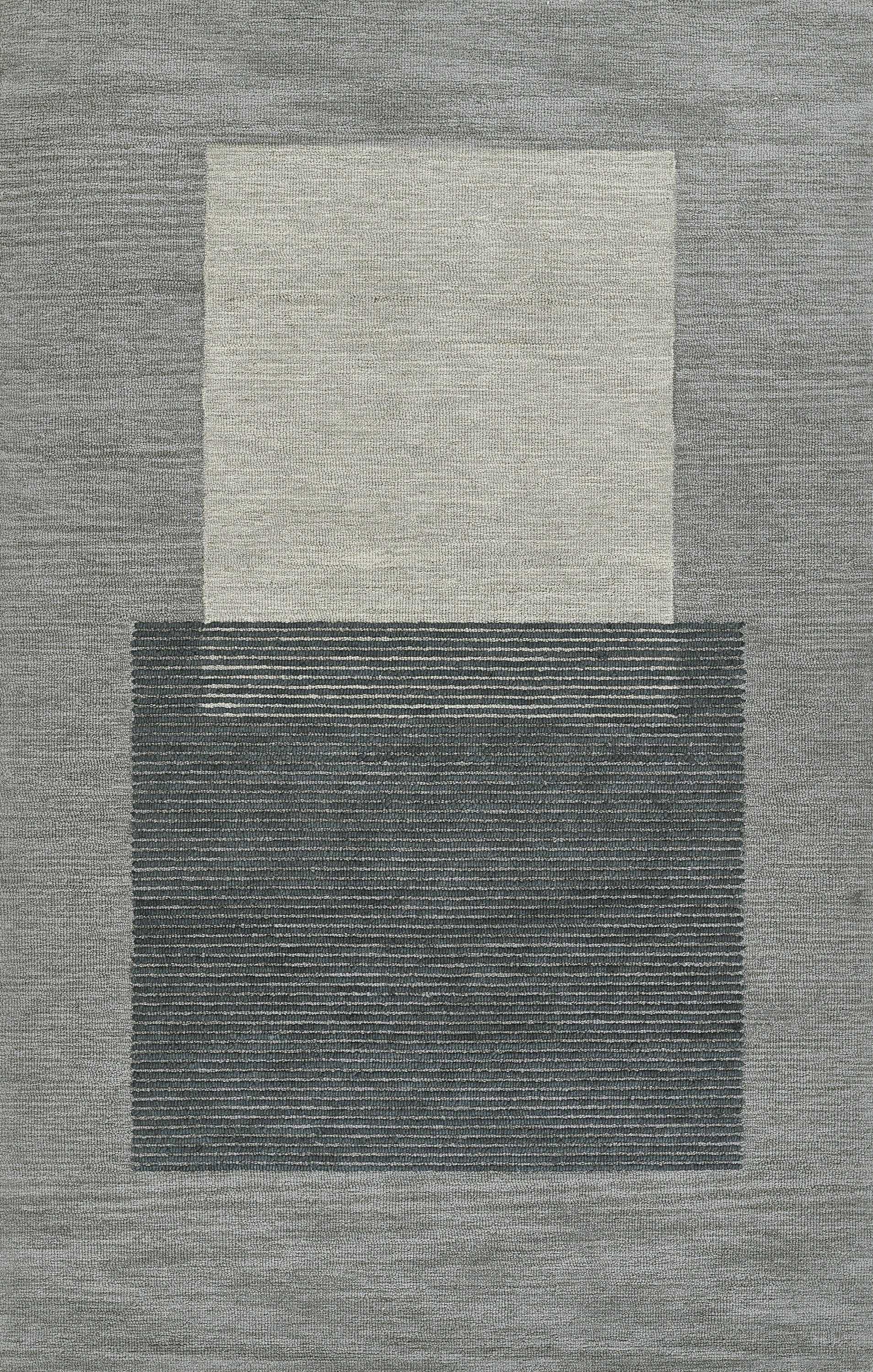 Contemporary abstract area rug with stacked blocks: light beige upper panel over a textured dark charcoal panel with thin white stripes.