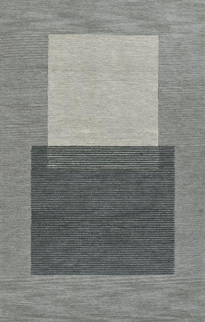 Contemporary abstract area rug with stacked blocks: light beige upper panel over a textured dark charcoal panel with thin white stripes.