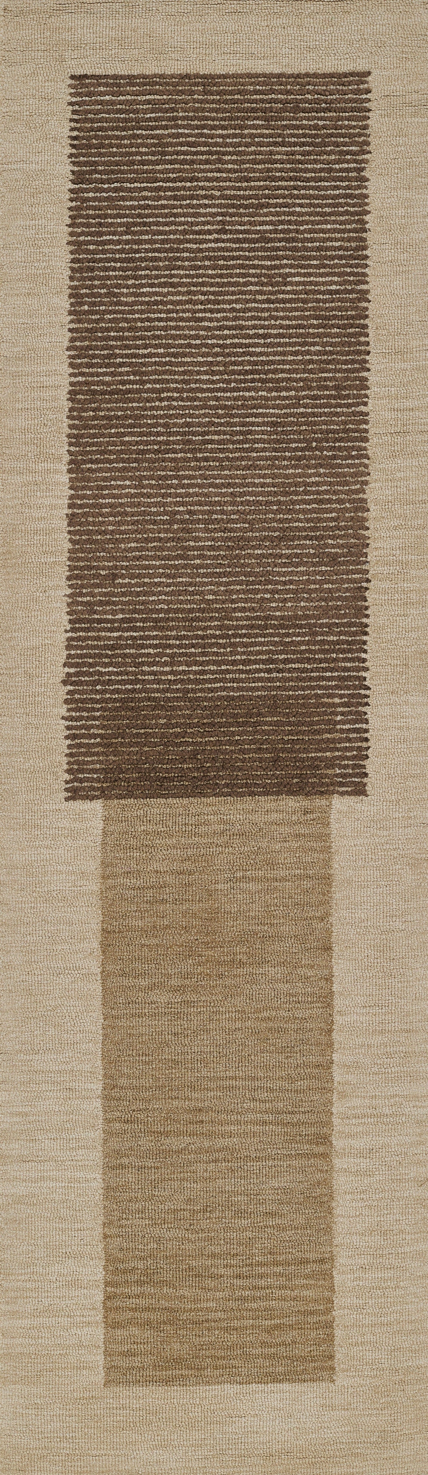 Beige woven runner rug with a wide brown rectangular stripe and tan border; modern minimalist design.