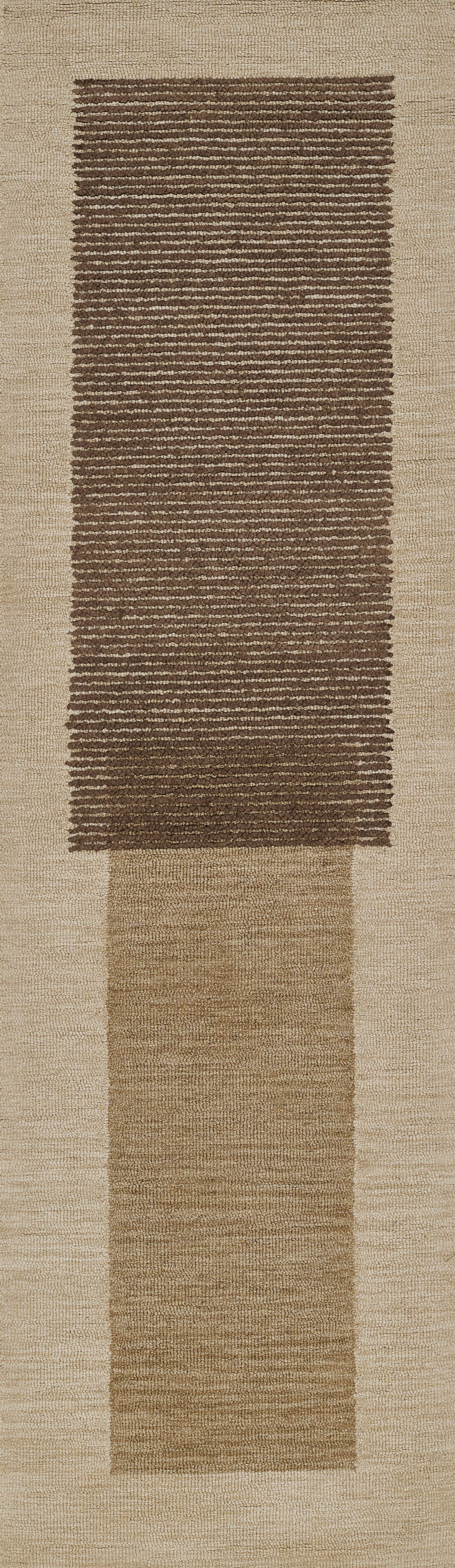 Beige woven runner rug with a wide brown rectangular stripe and tan border; modern minimalist design.