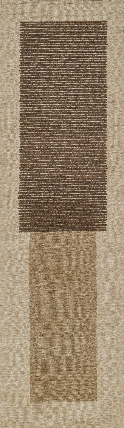 Beige woven runner rug with a wide brown rectangular stripe and tan border; modern minimalist design.