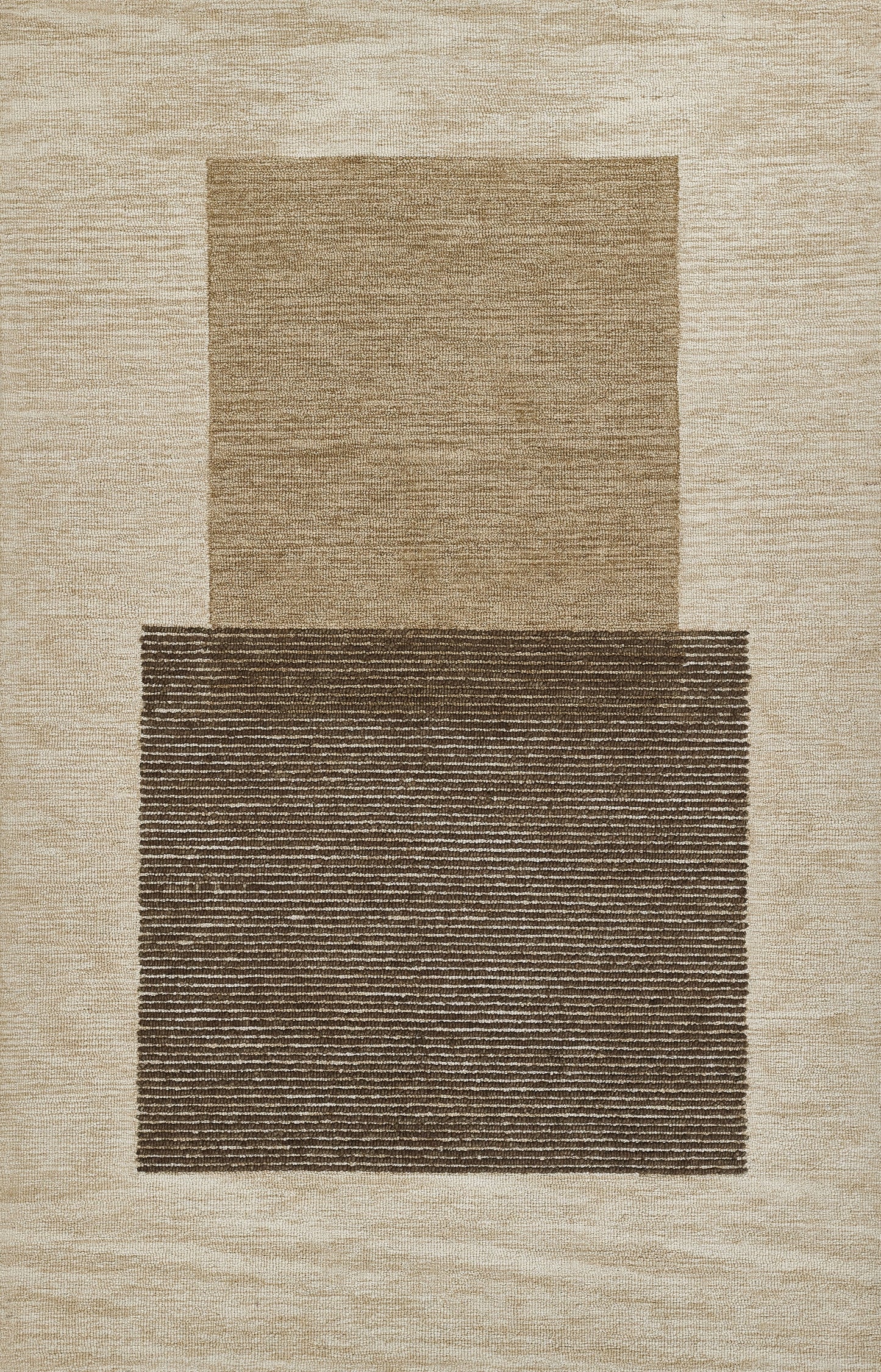Neutral beige woven area rug with overlapping tan and dark brown blocks, geometric abstract design.