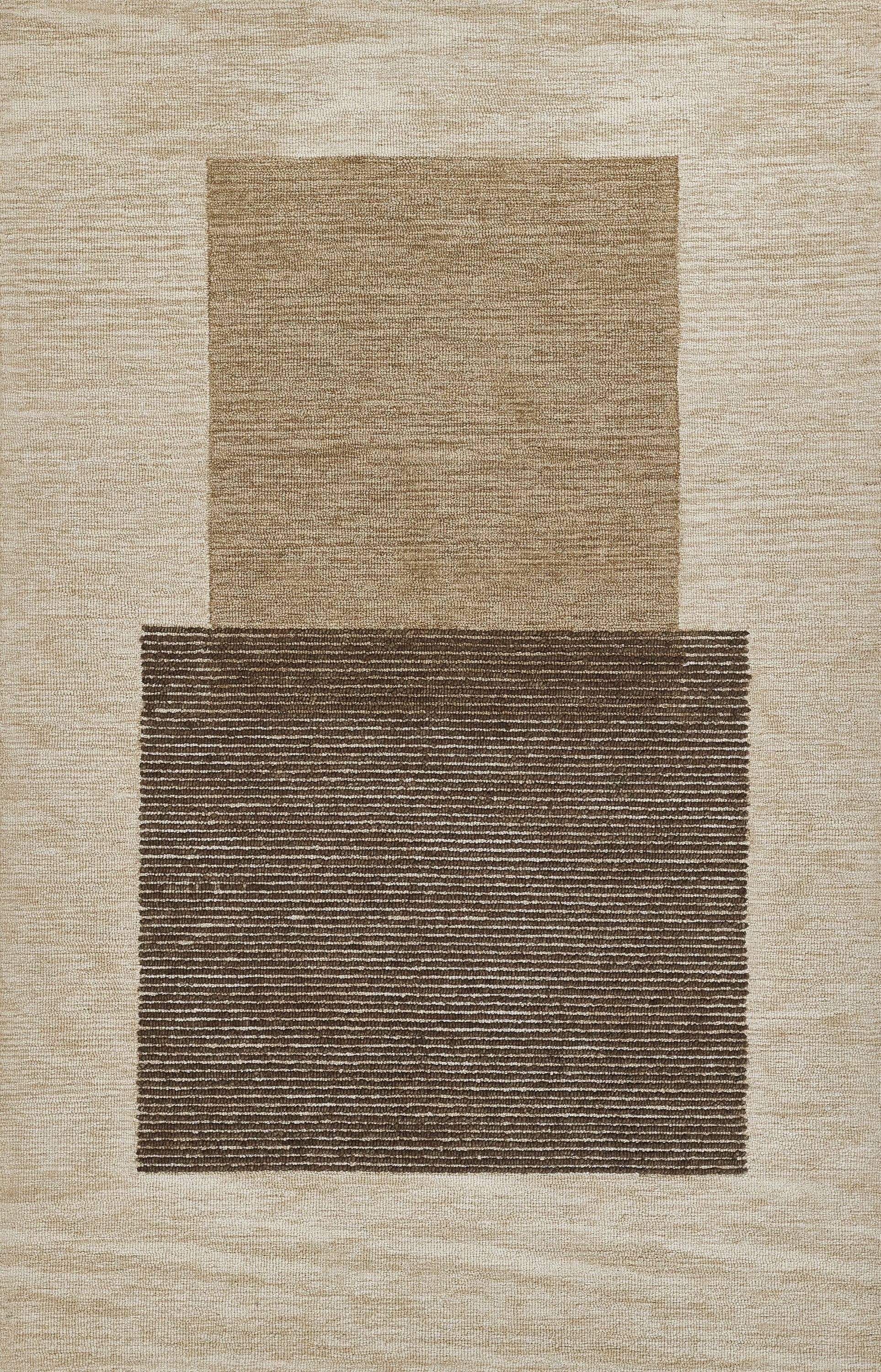 Neutral beige woven area rug with overlapping tan and dark brown blocks, geometric abstract design.