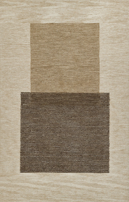 Neutral beige woven area rug with overlapping tan and dark brown blocks, geometric abstract design.