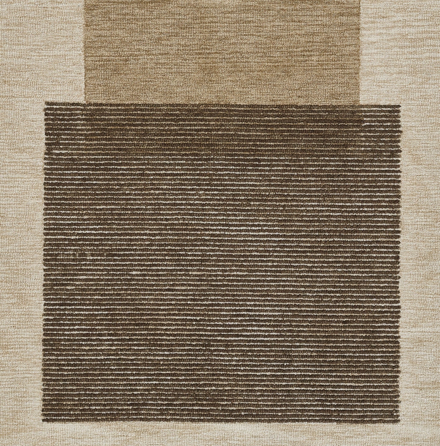 neutral-toned area rug with beige outer frame & dark brown striped center block; contemporary geometric design