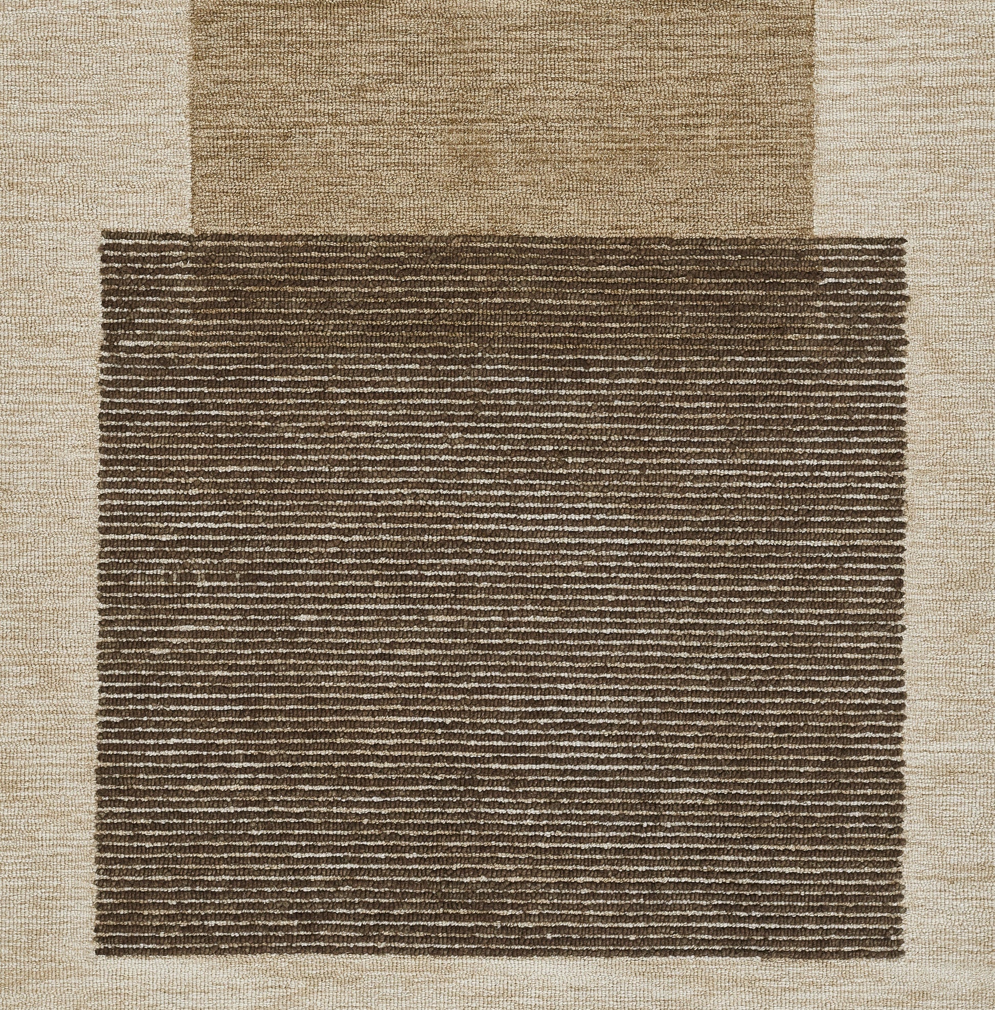 neutral-toned area rug with beige outer frame & dark brown striped center block; contemporary geometric design