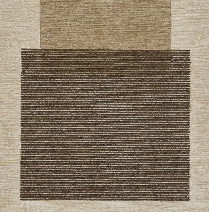 neutral-toned area rug with beige outer frame & dark brown striped center block; contemporary geometric design
