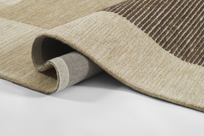 Beige and brown striped woven area rug, rolled edge reveals gray backing and textured pile.