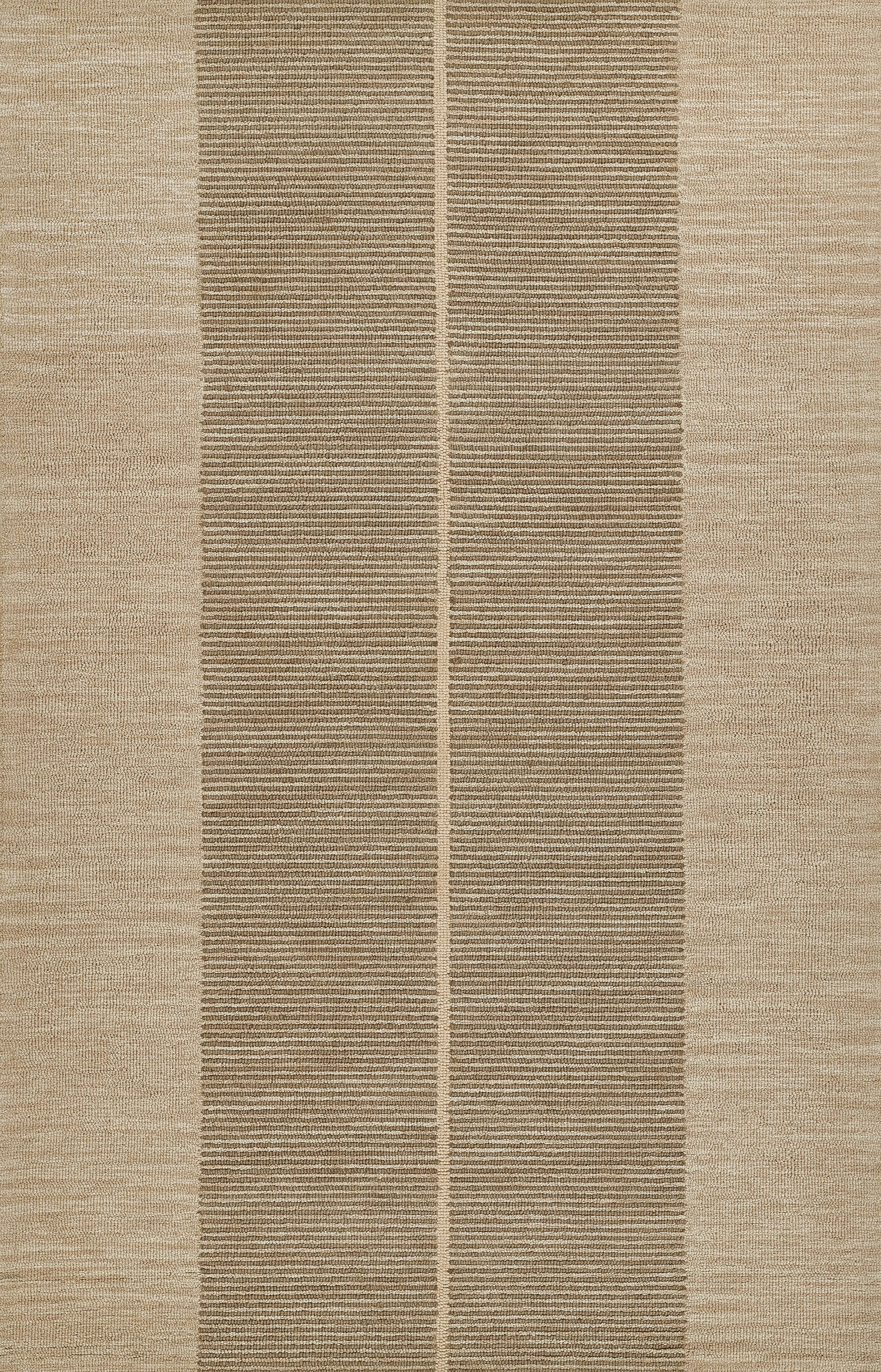 Beige woven rug with two vertical dark brown striped panels on a textured surface; rectangular, modern rustic style.