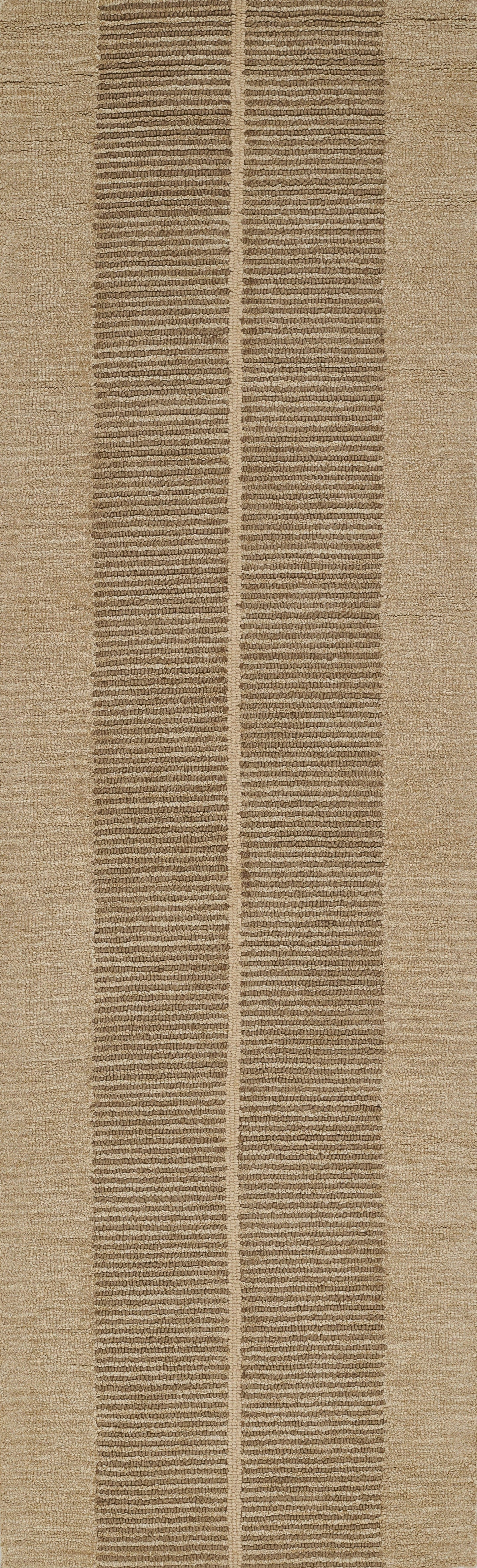 Rectangular natural beige woven rug with two central dark brown vertical striped bands; rustic flatweave.