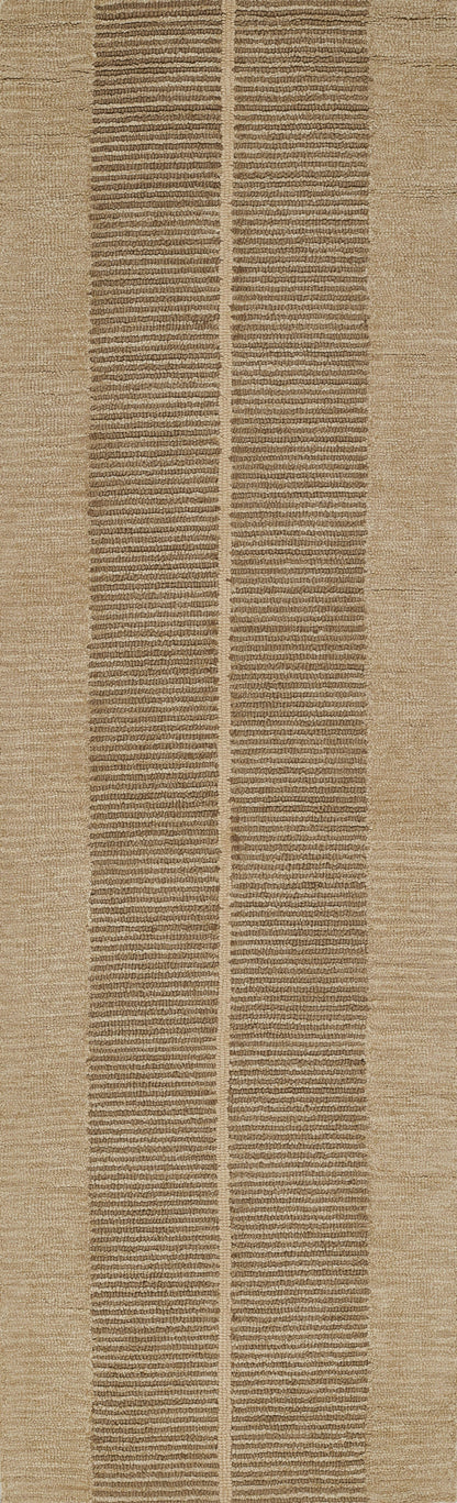 Rectangular beige woven rug with two dark brown vertical stripe panels; textured natural fiber, contemporary stripe design.