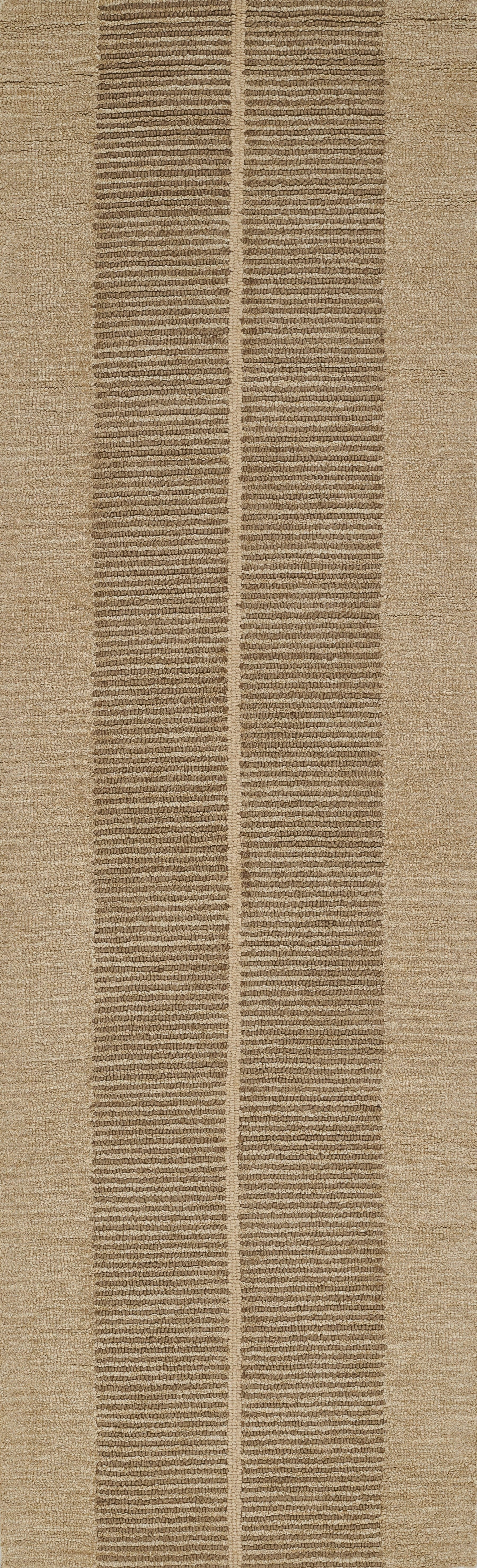 Beige woven runner rug featuring two vertical brown stripe panels; textured, natural-fiber look.