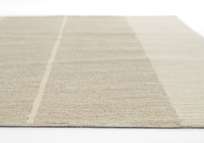 Beige woven area rug with wide light tan stripes, low-pile, rectangular, modern neutral decor for living spaces.