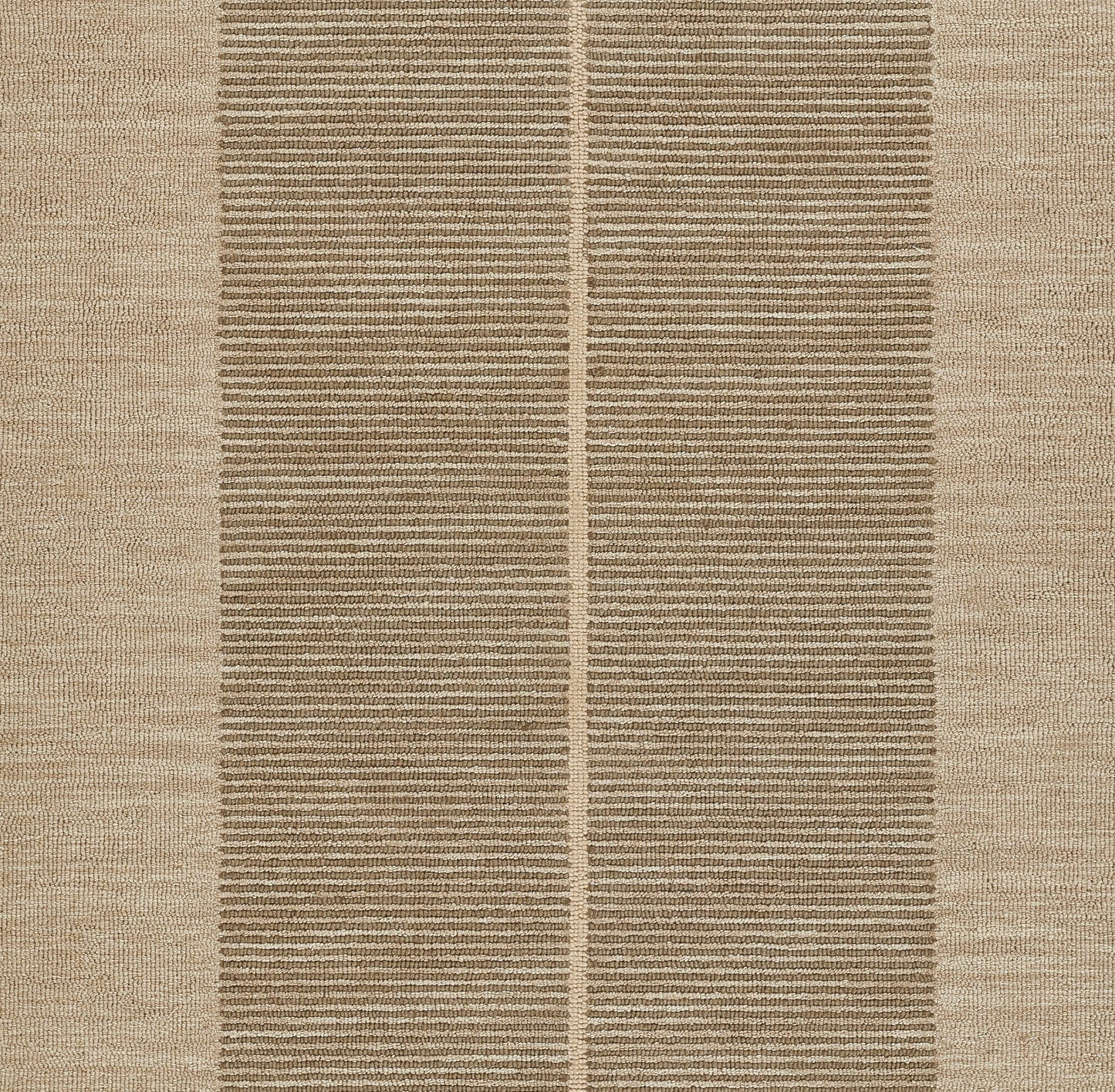 Beige woven area rug with two central brown striped panels and tan side borders; textured geometric weave.