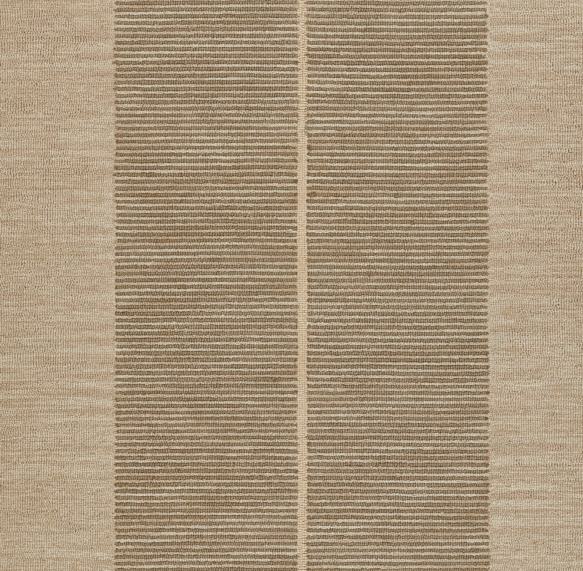 Beige woven area rug with two central brown striped panels and tan side borders; textured geometric weave.