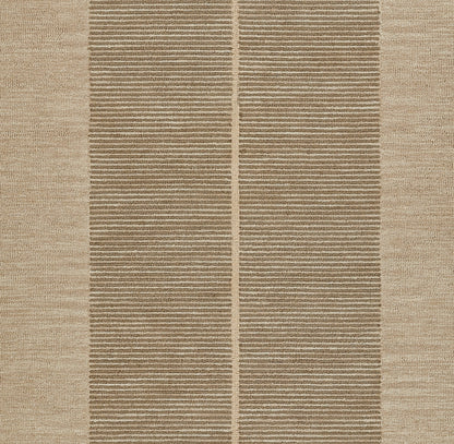 Beige woven area rug with two central brown striped panels and tan side borders; textured geometric weave.