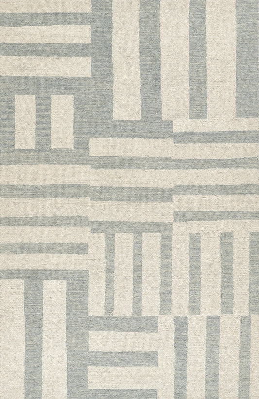 Blue-gray and ivory geometric area rug with interlocking rectangle patterns; textured woven finish, modern contemporary.