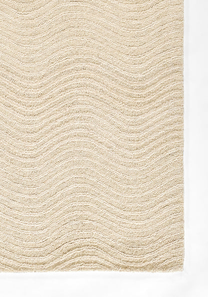Beige textured rug with soft loop pile and gentle wavy stripe pattern.