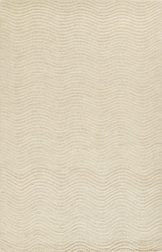 Beige area rug with subtle cream wavy ribbed texture and soft woven material.