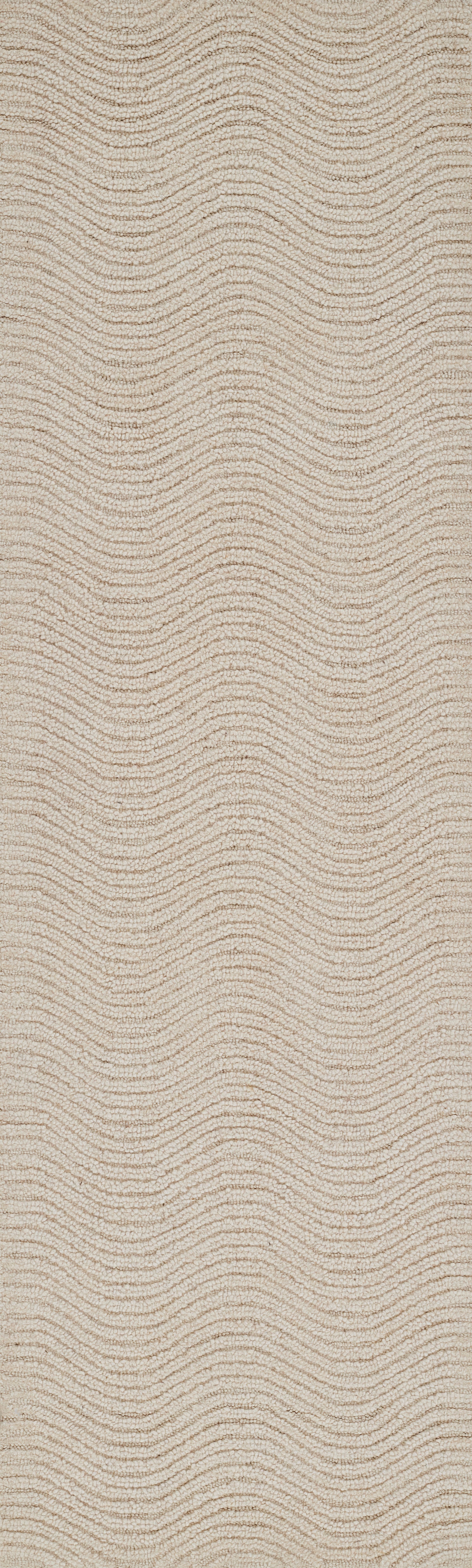 Neutral beige rectangular area rug with subtle ivory wavy striped texture; plush looped pile for living spaces.