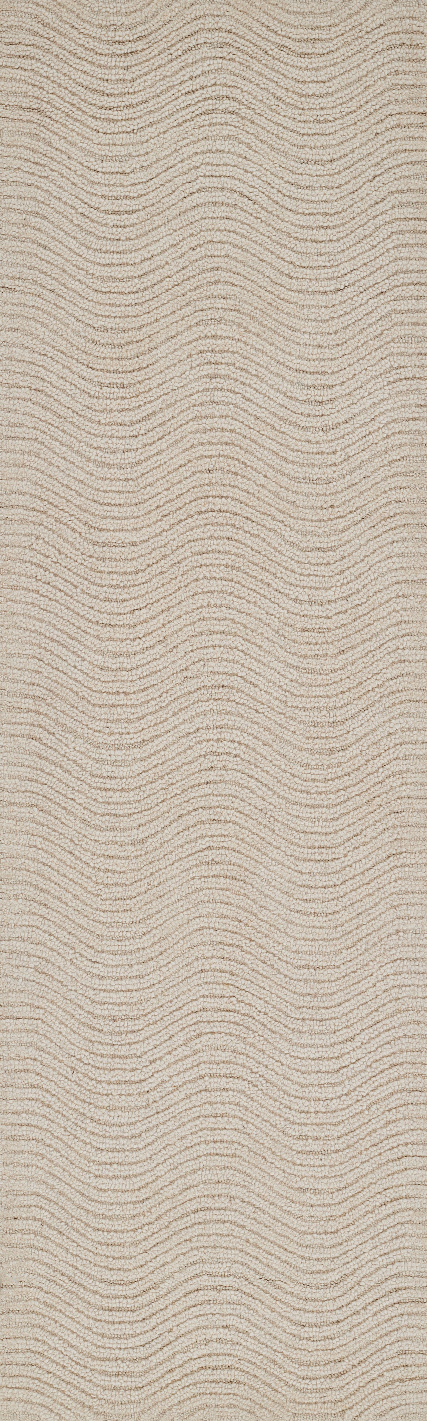 Beige woven rug with cream wavy stripes and textured loop-pile surface.
