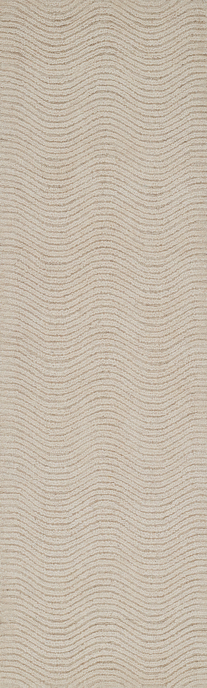 Beige woven rug with cream wavy stripes and textured loop-pile surface.
