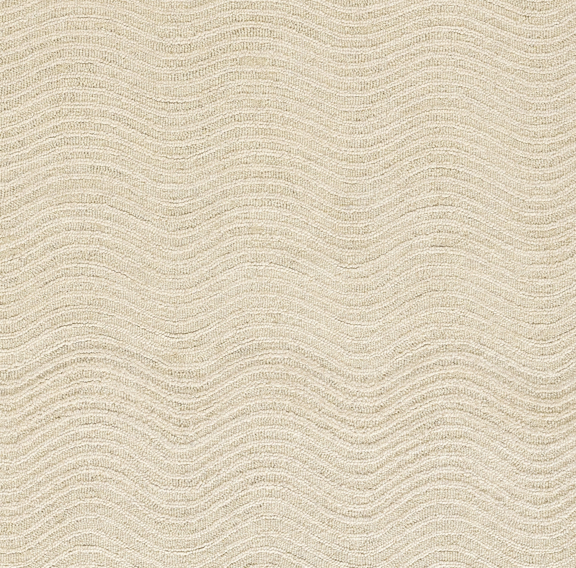 Beige textured woven rug with subtle cream wavy stripes and boucle-like loops.