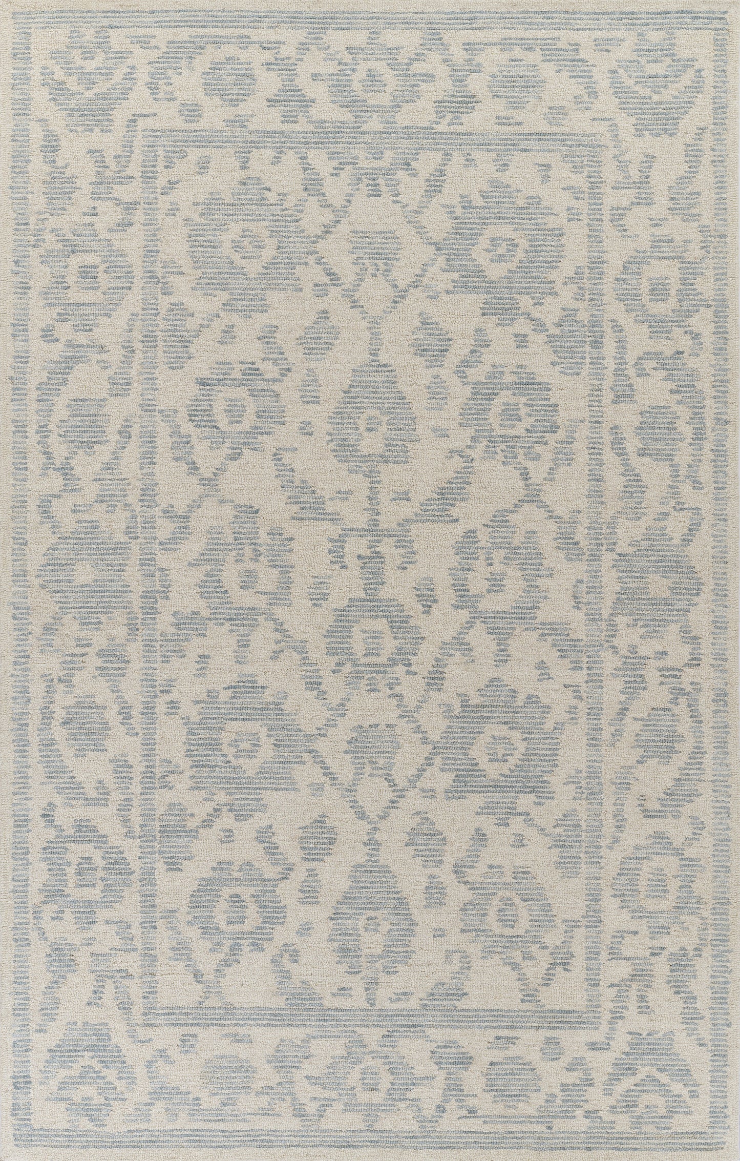 Blue and ivory oriental rug with a central medallion and arabesque border, featuring geometric floral motifs.