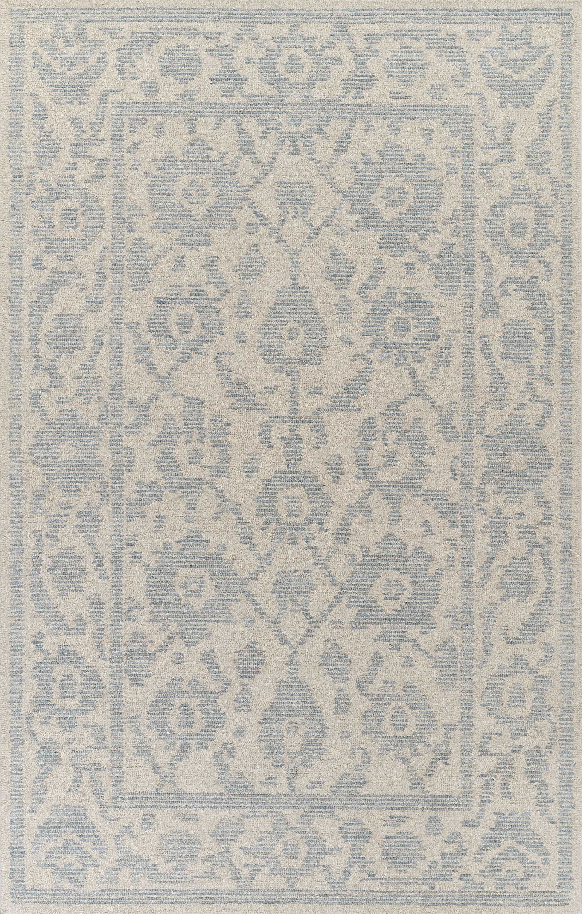 Blue and ivory oriental rug with a central medallion and arabesque border, featuring geometric floral motifs.