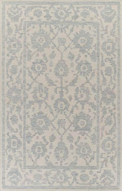 Blue and ivory oriental rug with a central medallion and arabesque border, featuring geometric floral motifs.