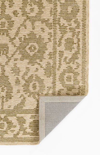 Beige woven area rug with olive geometric motifs, bound edge; folded corner reveals light gray backing.