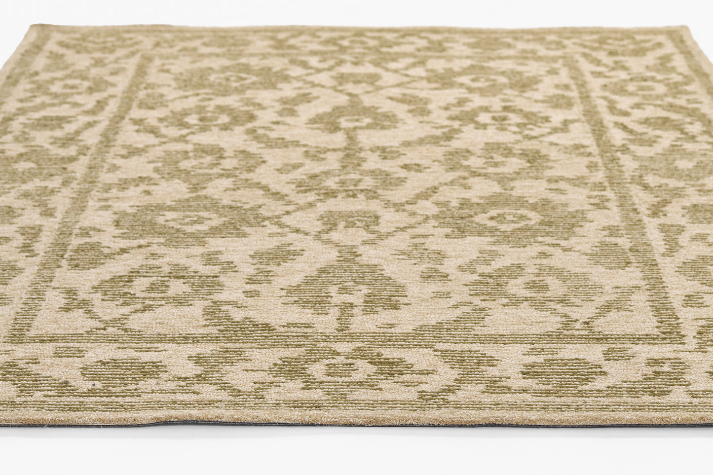 Beige cream area rug with subtle sage-green damask pattern and decorative border; flatwoven, low-pile.