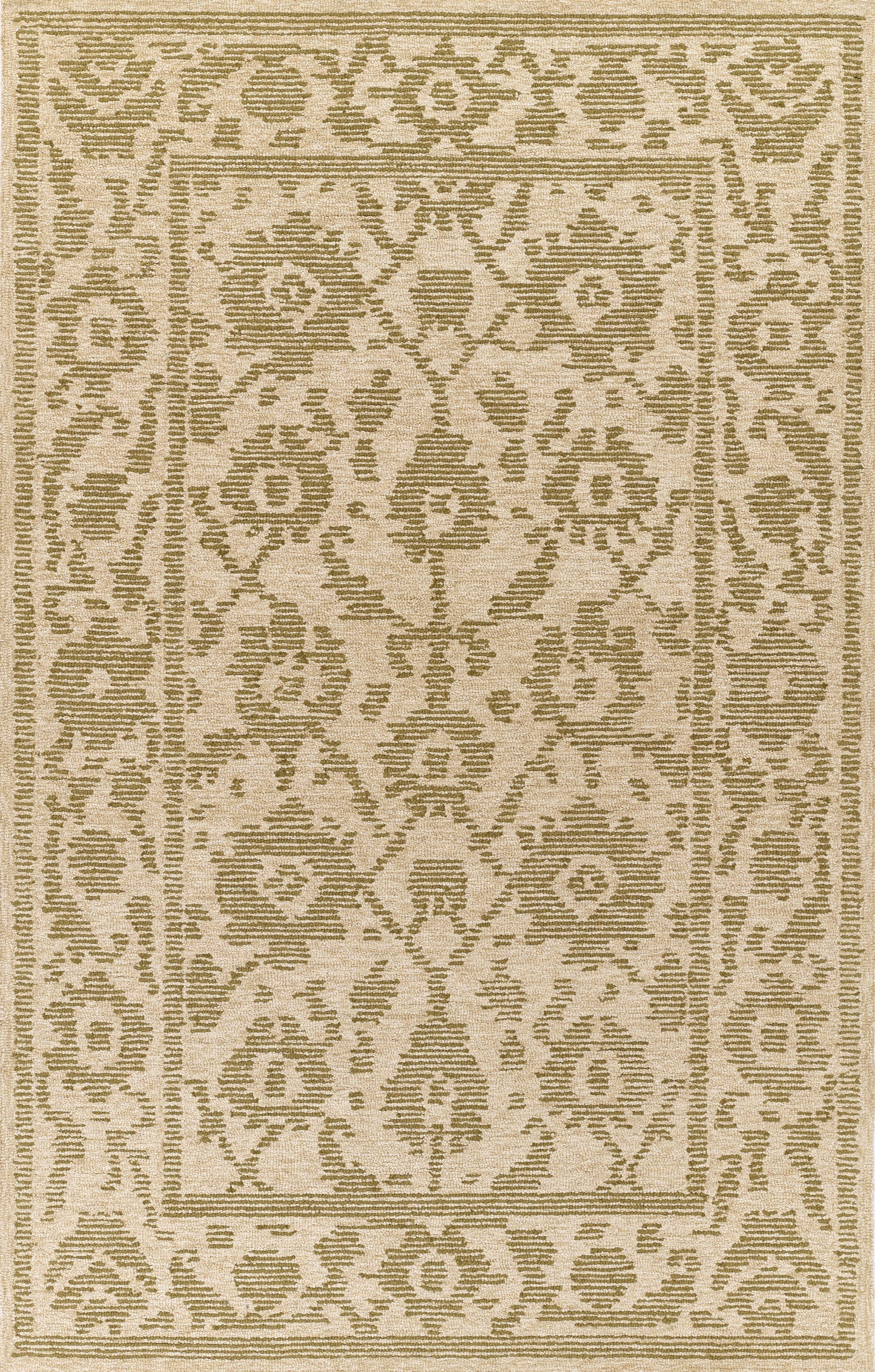 Sage-green oriental rug with arabesque medallion and geometric border; classic woven Persian-inspired design.