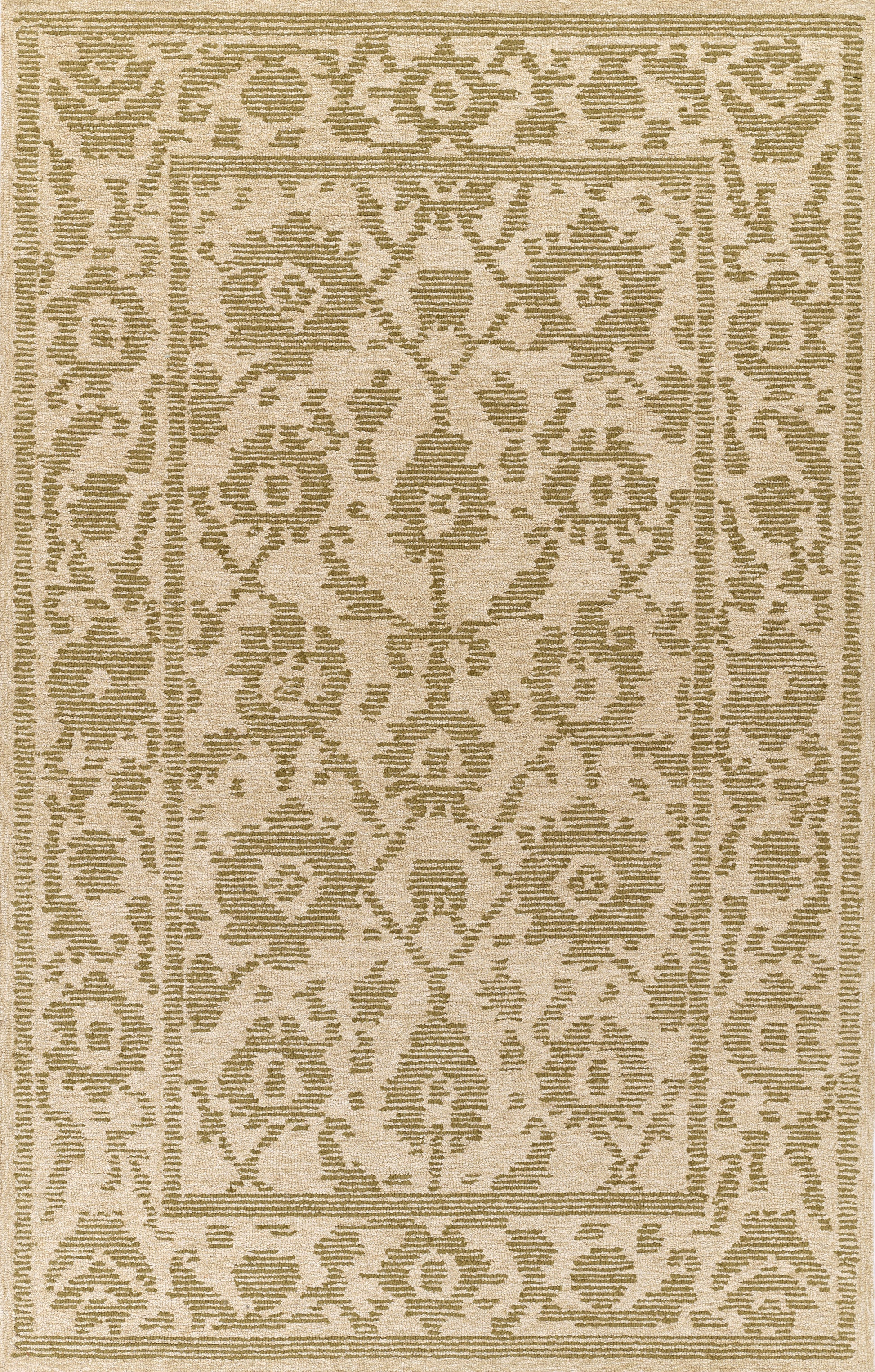 Sage-green oriental rug with arabesque medallion and geometric border; classic woven Persian-inspired design.