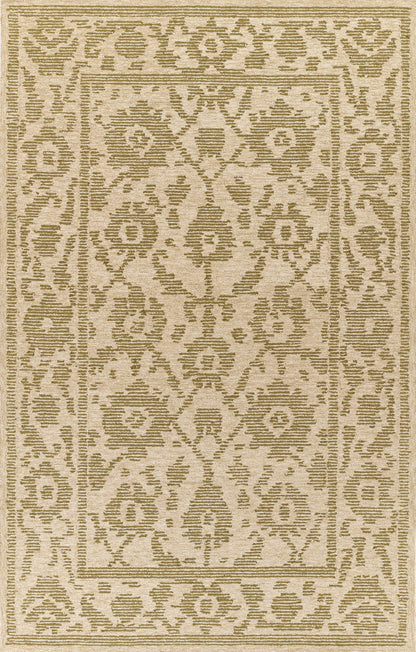 Sage-green oriental rug with arabesque medallion and geometric border; classic woven Persian-inspired design.