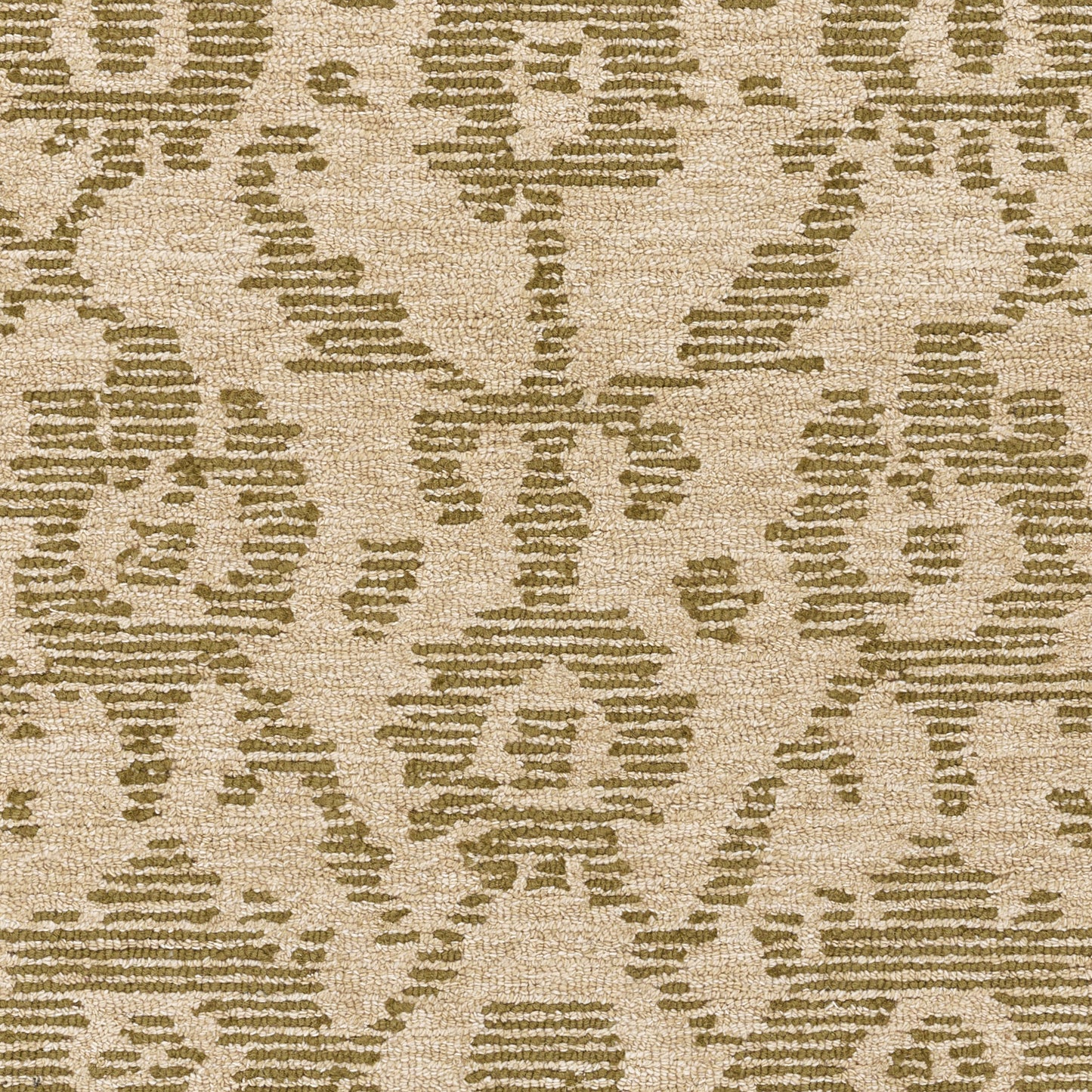 Beige area rug with sage-green geometric damask pattern and textured weave.