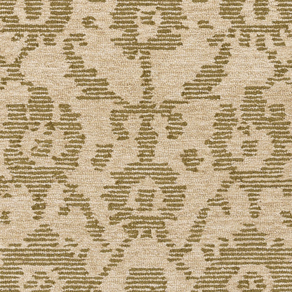 Beige area rug with sage-green geometric damask pattern and textured weave.