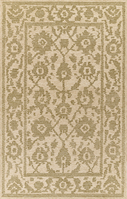 Rectangular beige and olive-green traditional damask runner rug with floral medallions and border, 2' x 8'.