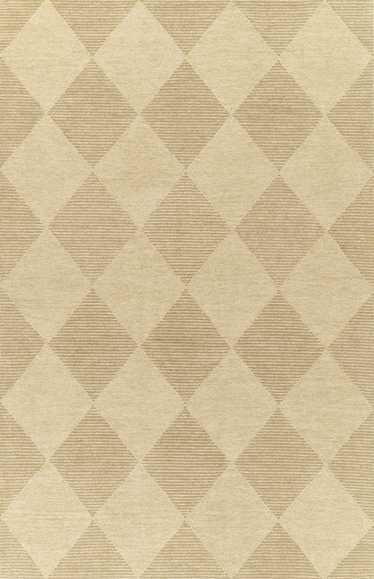Beige diamond-pattern area rug with alternating solid and striped diamonds in tan tones, 5' x 8'.