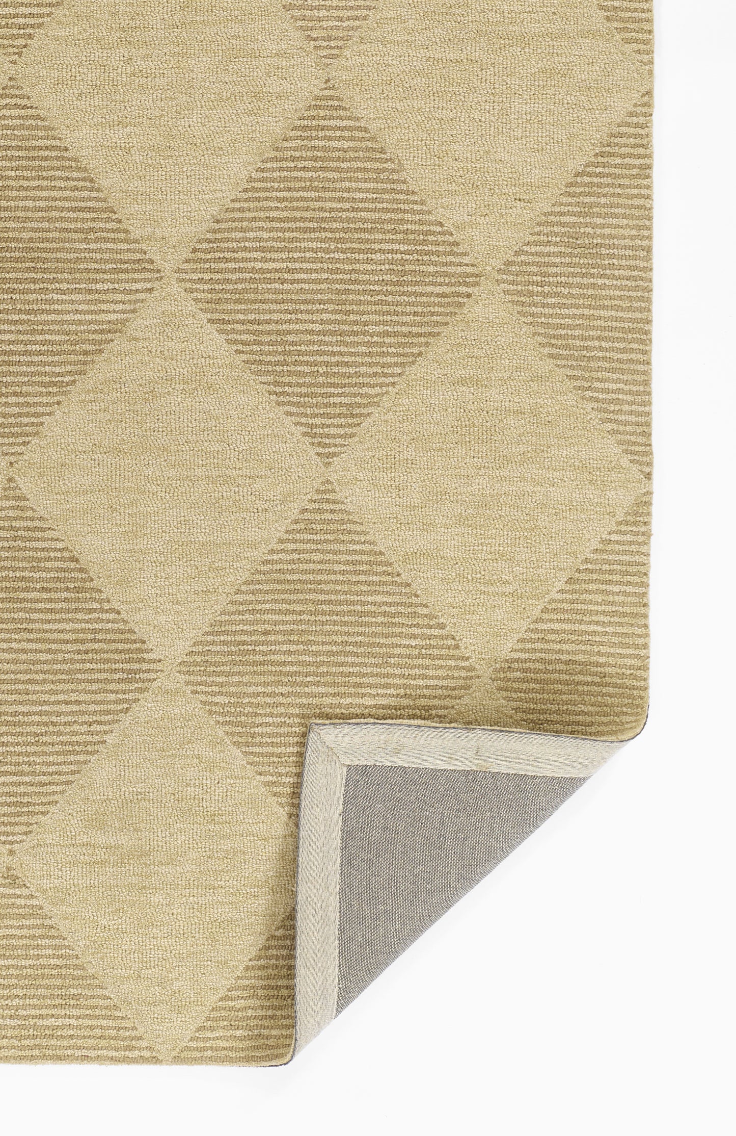 Beige and tan striped diamond-pattern area rug, woven texture; rectangular, folded corner reveals gray underside.