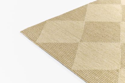 Beige checkerboard area rug with alternating textured squares; angled corner.