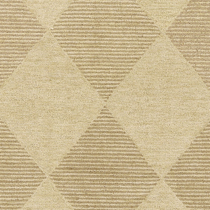 Beige and tan geometric diamond rug with striped triangle panels and woven texture.