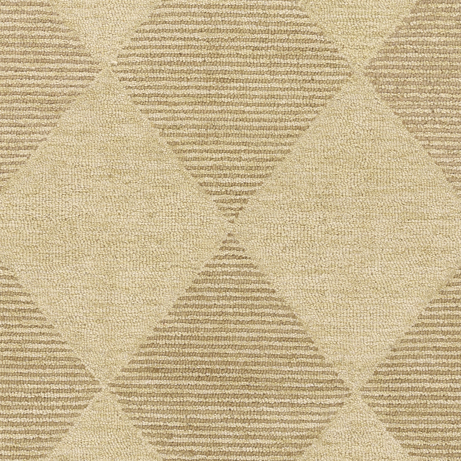 Beige geometric diamond-pattern rug with alternating striped and solid diamonds, woven texture.